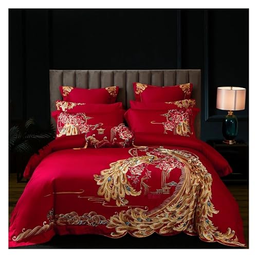 ZXGRfdefa Juego de Cama, Juego de Cama algodón Egipcio Lujo, Bordado Fénix Dorado, Boda China roja, 100S, Funda nórdica, Sábana, Colcha, Almohada(King Size 4pcs)