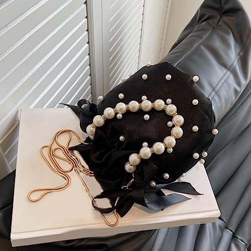 Shoulder Bags for Women Luxury Ladies Chain Handbag Bead Pearl Imitation Female Bucket Crossbody Bag Black3