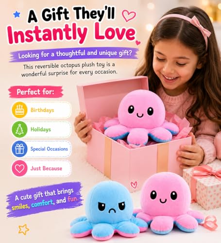 Image of Reversible Octopus Plush Toy 18 cm | Flip Mood Soft Toy | Double-Sided Happy & Angry Expression | Super Soft Stuffed Animal Plushie | Cute Kids Gift, Stress Relief Toy, Home Decor (Pink /Blue)