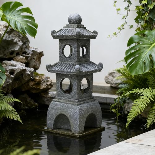 Zen Garden Outdoor Water Fountain 23.62”, Resin Water Feature with LED Light, Soothing Water Flow for Patio, Yard, Deck, Indoor Outdoor Garden Decor (Gray 23118)