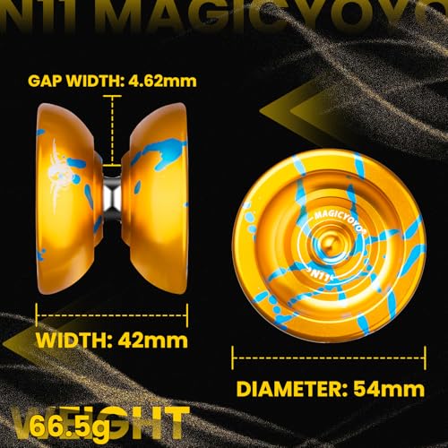 Image of MAGICYOYO N11 Professional Unresponsive Alloy Yoyo Dual Purpose Trick Yo Yo with Responsive Bearing Kit + Bag + Glove +12 Strings - Golden Blue