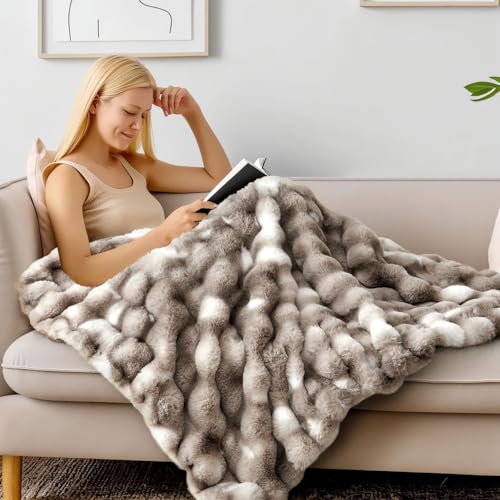 Image of BEDELITE Faux Fur Throw Bubble Blanket for Couch, 50 inch x 60 inch, Tie-Dye Taupe | 870GSM Soft Cozy Plush Blanket for Sofa & Bed Living Room Decor, Warm Fuzzy Faux Rabbit Fur for Women Gift, All Season Use