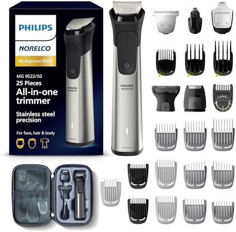 Norelco Philips Multigroom 9000 Series, All-in-One Trimmer, Beard Trimmer and Hair Clipper, 25-Piece/27-Length Men's Grooming Kit for Beard, Face, Nose, Ear and Body, Travel Kit, MG9522/50