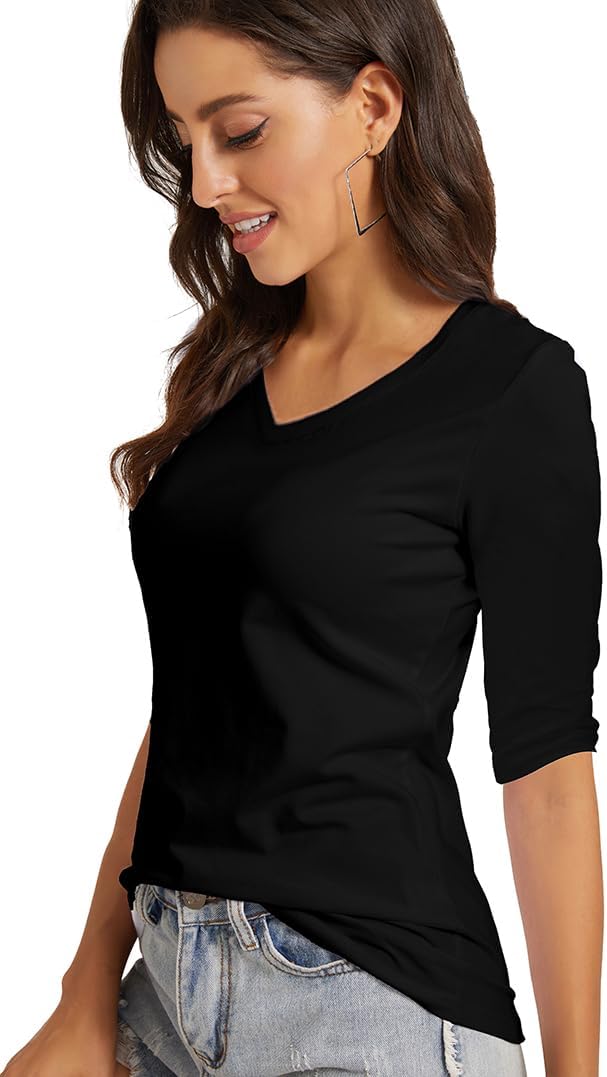 Women's Basic Half Sleeve V Neck T-Shirt Casual Solid Slim Cotton Top - Image 4