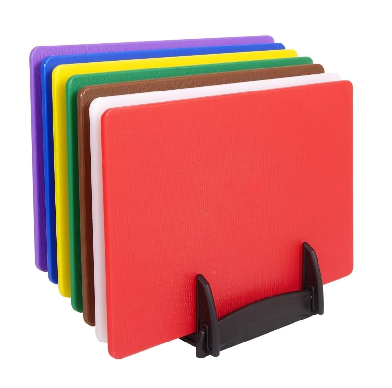 BAKI Professional Plastic Cutting Board Set 7 Pieces Colour Coded 450mm x 300mm with and Without Rack (with Rack)