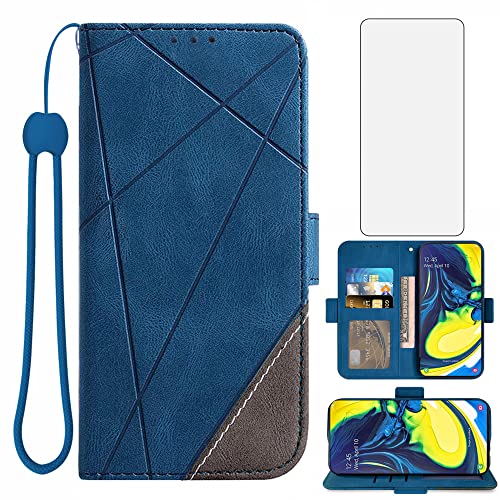 Asuwish Compatible with Samsung Galaxy A80 A90 4G Wallet Case and Tempered Glass Screen Protector Leather Flip Cover Card Holder Cell Accessories Phone Cases for Glaxay A 80 Gaxaly 90 Women Men Blue