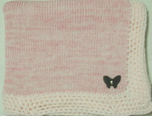 Knitted on Hand Knitting Machine Raspberry and Pink Cotton Tweed Hand Crochet Finished with Baby Pink Rayon Chenille Infant Girls Large Blanket Size 32 By 45 Inches Trimmed with Red Velvet Rhinestone Butterfly