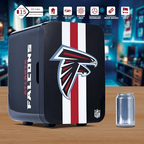 Image of Ukonic NFL Atlanta Falcons 15-Can Mini Fridge 10L - AC /DC Powered, Official Team Colors & Logo, Portable Cooler for Tailgates, Home, Office, or Car