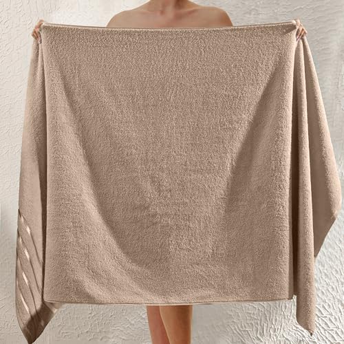 Image of Elegant Comfort 100% Turkish Cotton 4 Lines Viscose Stripe Jumbo Bath Towel - Hotel Spa Quality Extra Large 35 x 70 Inch Bath Towel Ultra Soft, Super Absorbent Quick Dry Large Bath Towel, Taupe