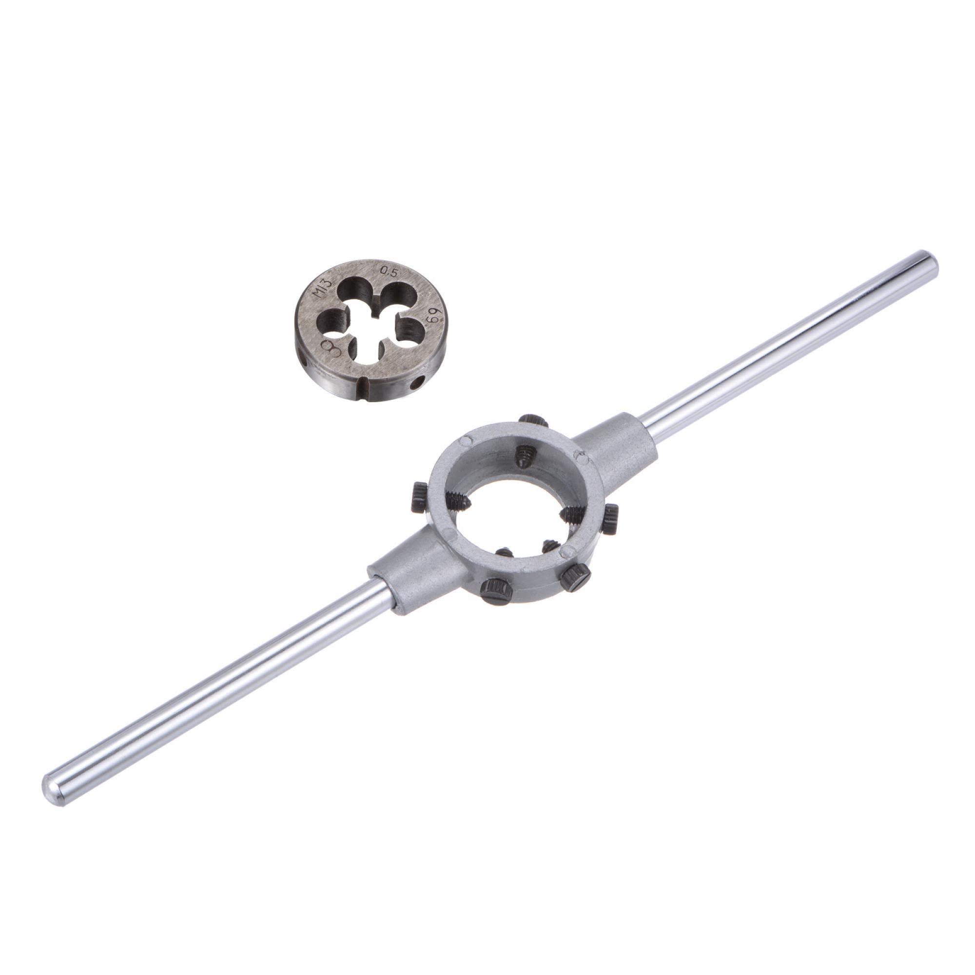 sourcing map Die Stock Handle Wrench Set, M13 x 0.5 Threading Round Die and 38mm (Fit M12-M16 Dies) Holder Adjustable Wrench Hand Tool