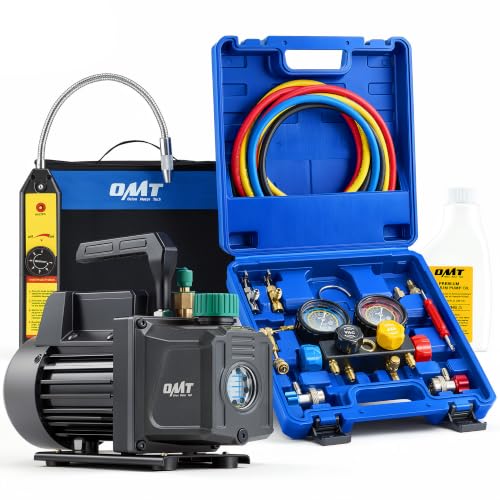 OMT 4.5 CFM AC Vacuum Pump and Gauge Set for R134a R22 R410a, Blue