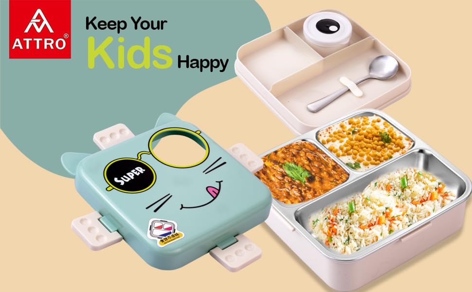 Image of ATTRO Carnival Super Cat Lunch Box 2 Layer Stainless Steel Lunch Box Comes with 1 Detachable Tray, 1 Small Container & 1 Spoon Ideal for Kids BPA Free 1120ml+70ml- Blue