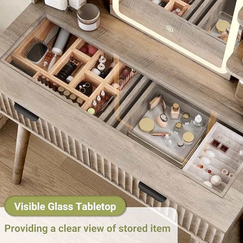 Image of Vanity Desk With HD Lighted Mirror and Lights, Fluted Small Makeup Vanity with Storage Drawers & Shelves, Modern Dressing Table Set with Power Outlet & Glass Table Top for Women Girls Bedroom, Grey