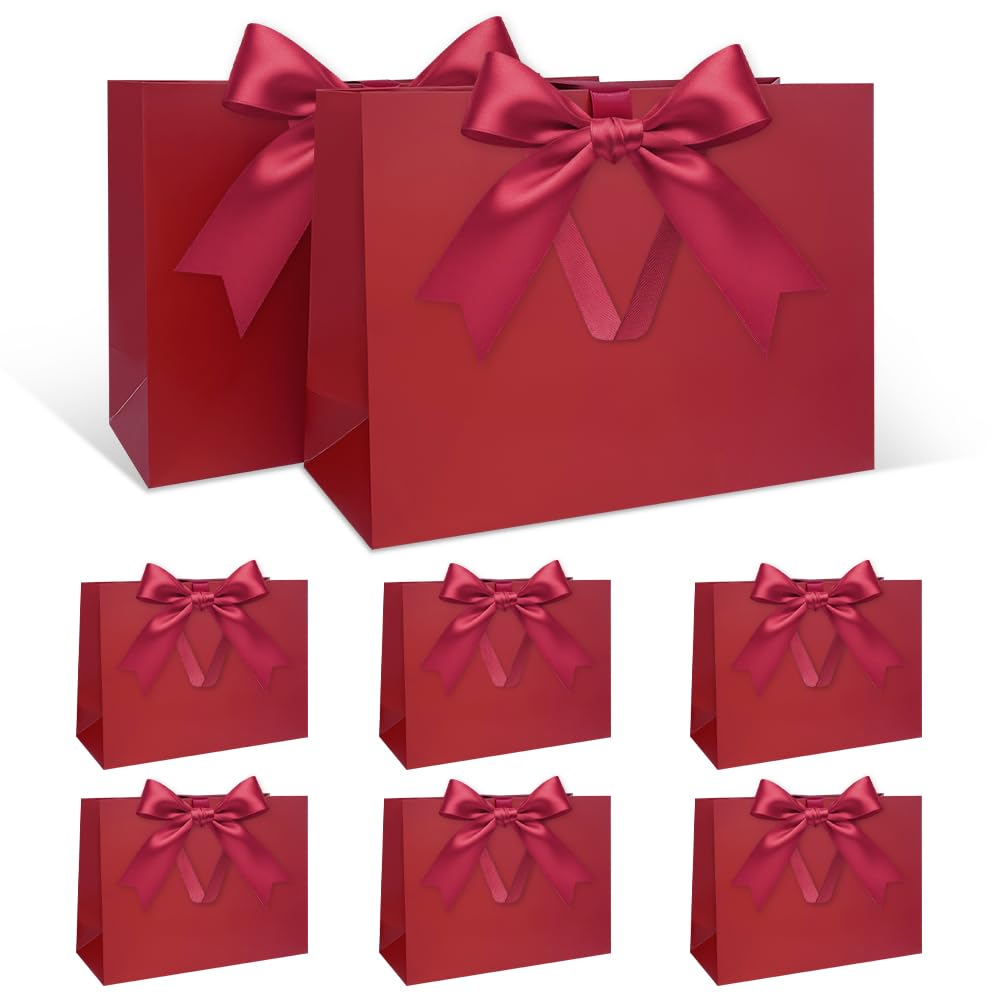 Gift Bags Set, Red Gift Bag with Ribbon Red Gift Bag with Handles 8pcs 30 x 21 x 10 cm Large Gift Bags for Birthday Wedding Anniversary Christmas