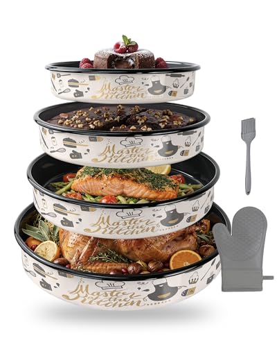 MCCSI Round Baking Pan Enamel Roasting Dish 4-Pack 9/10/12/14 Inches Non Stick High Temperature Resistance Cookware for Cake Pie Pizza & Meat, Oven Dishwasher Safe Birthday Gift Bakeware Set