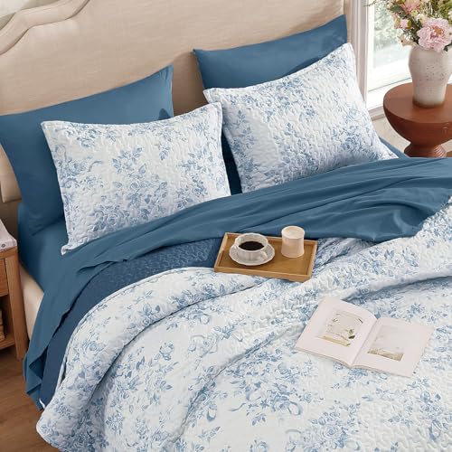 Image of Andency Quilt Queen Size, Blue Flower Bedspread Queen Size, 3 Pieces Soft Bedding Set, Lightweight Coverlet Set for All Season with 2 Pillowcases (96 inchx90 inch)
