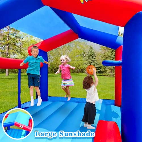 Bounce House with Slide, Kids Inflatable Bouncer with Sunshade Overhead Cover, Blower, 143 x 142 x 99 inches Backyard Bouncing Castle with Jumping Area, Ball Pit - Image 4