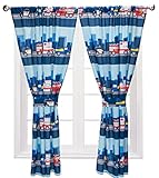 Boys Curtains for Fire and Police Rescue Themed Bedroom Décor with Trucks and Cars; 4-Pc First Responder Kid Curtains with 2 Panels 82' x 63' Total Size and 2 Tiebacks; Classroom and Nursery Curtains
