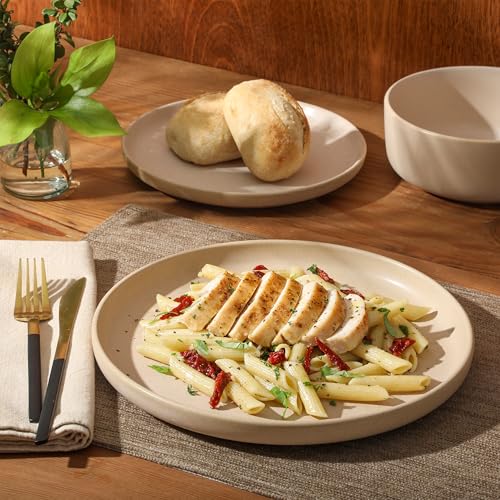 Image of Gibson Elite Pasco 12 Piece (Service for 4) Plates and Bowls Reactive Glaze Dishes Stoneware Ceramic Dinnerware Set - Taupe