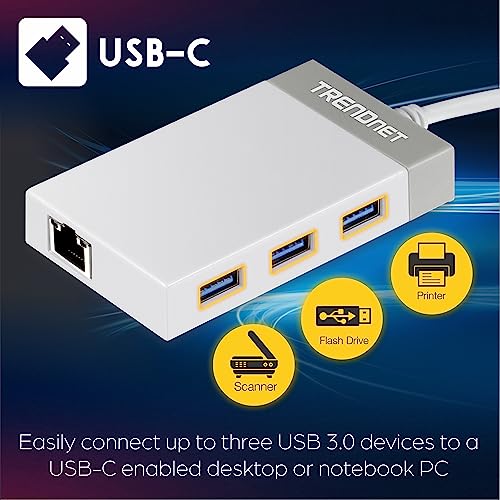 Image of TRENDnet USB C to Ethernet Gigabit Adapter, TUC-ETGH3, Compact USB Type C Hub, 3 x USB 3.0 Ports, 1 x RJ-45 Gigabit Ethernet Port, Windows and Mac Compatible, White
