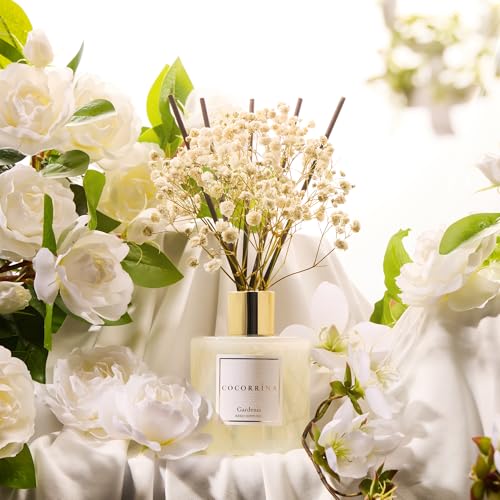 Image of COCORRINA Reed Diffuser - Gardenia 6.7 Fl.oz Reed Diffuser Set with Sticks & Preserved Baby's Breath, Reed Diffuser for Home Bathroom Shelf Decor