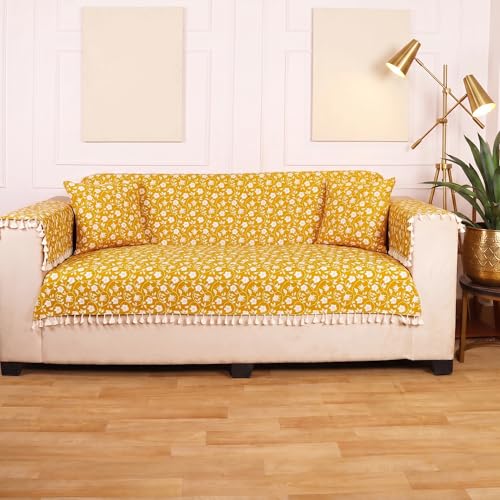 Image of ishro home Premium Sofa Cover 2 Seater Protecter with 2 Handle Covers - Soft European Standard Fabric, Frill Design, Machine Washable | (Yellow Floral, 2 Seater)