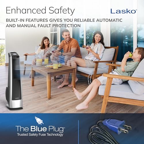 Image of Lasko High Velocity Oscillating Tower Fan with Remote Control - Quiet Standing Fan for Bedroom, Office, and Home - 3 Speeds - Powerful Cooling Air - U35115 - 35 inch Tall - Silver and Black