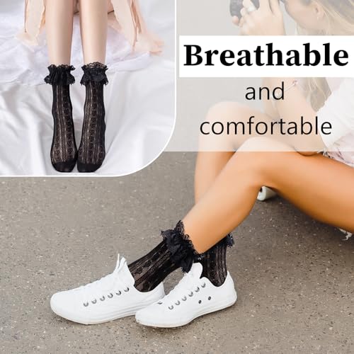 Image of Women Lace Ruffle Socks White Black Frilly Lolita Crew Dress Socks