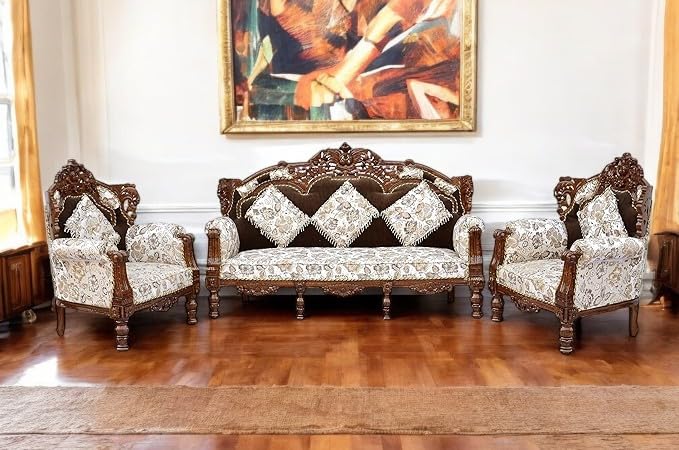 Image of Wooden 5 Seater Sofa Set | 3+1+1 Solid Wood Hand-Carved White Brown Sofa | Traditional Design Furniture for Living Room | Home | Office Seating