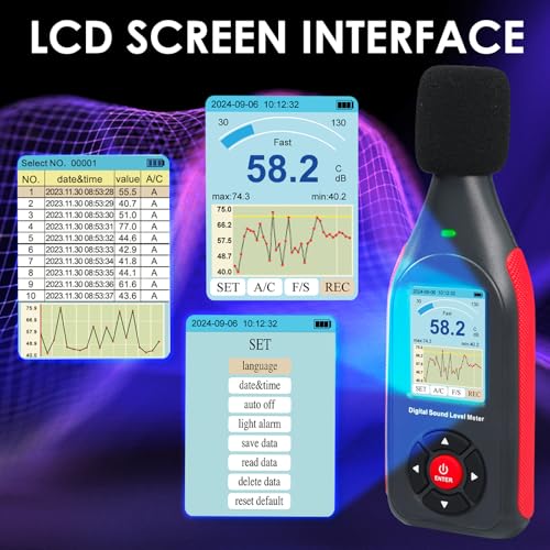 Schallpegelmessgerät Dezibel-Messgerät Datenlogger mit A/C-Frequenzbewertung, schneller/langsamer Reaktion, 43.000 Datensätzen, Echtzeit-Sampling, USB/PC-Anschluss, dreifarbige LED-Lärmwarnanzeige