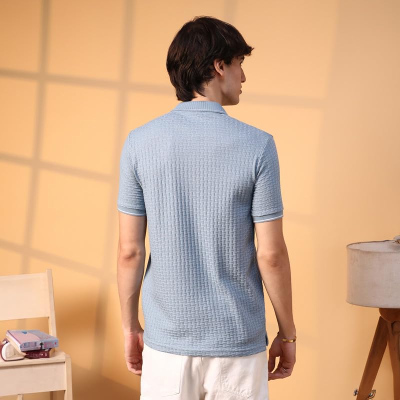 CAHOOT Men's Powder Blue Interweave-Textured Polo T-Shirt for Casual Wear | Polo Neck | Short Sleeve | Half-Button Closure | T-Shirt Crafted with Comfort Fit for Everyday Wear 2