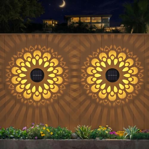 Image of Neoglint Warm White Solar Fence Lights Outdoor Metal IP55 Waterproof | Projects peacock pattern, Durable iron & ABS, 12h long illumination, Auto ON /OFF for garden, wall, deck and step decor