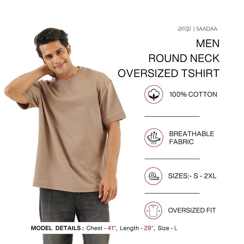 Image of SAADAA Men's Oversized Cotton T-Shirt | 210 GSM Heavyweight Fabric | Drop Shoulder | Dual Knit | Comfortable Casual Wear | Solid Colors