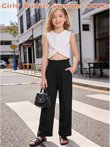 Image of Girls' Clothing Sets Sleeveless Bow Crop Top Wide Leg Linen Pants 2026 Summer Outfits Cute Kids Clothes