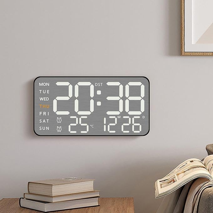 Image of 15-Inch Digital Wall Clock with Large LED Display - Remote Control, Auto-Dimming, Night Light, Date, Day, Temperature, DST Function - Ideal for Living Room, Bedroom (9 inch White Lights Black Body Frame)