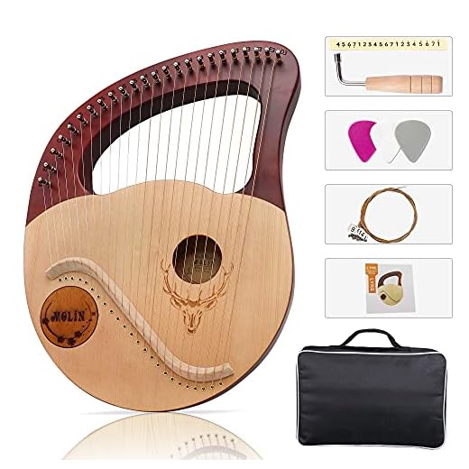 Cuecutie Lyre Harp 24 String Wood Lyre Instrument Portable Solid Mahogany Lye Harp with Black Bag Strings Carry Cloth Sheet Music Pick Tuning Wrench (Brown)