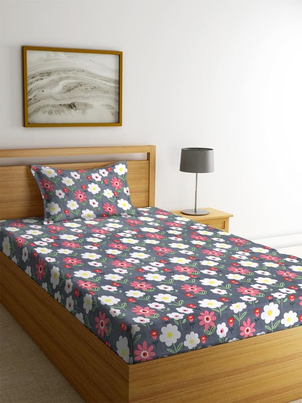 Image of la' amour Cotton Printed 160 tc Flat Single Bedsheets for Summer with Pillow Cover Breathable | Wrinklefree (Size-60 X 90 Inch) Floral, Ocean Bloom Blue