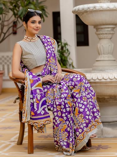 Image of SIRIL Women's Printed Ready to Wear Mul Cotton Saree With Unstitched Blouse Piece