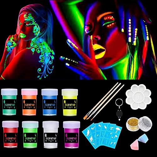 Peinture Corporelle 8 Couleurs,Kit de Peinture fluorescente UV Non Toxique Neon pour le visage et corps,peinture fluo body UV Glow maquillage uv fluorescent body painting pour Halloween et Carnavals