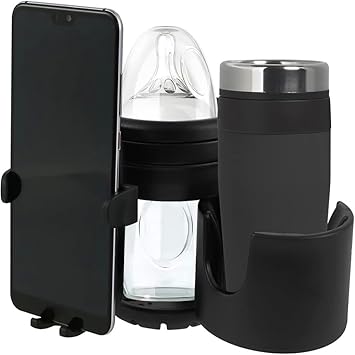 Stroller Cup Holder with Phone Holder, Non-Slip Universal Cup Holder, 3-in-1 Flexible Stroller Phone Mount, 360 Rotating Phone Clamp Water Bottle Drink Holder for Bike Stroller Shopping Carts