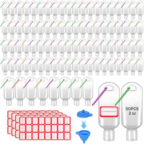 HATTIE 50Pack Travel Plastic Clear Keychain Bottles 50ml/2oz Portable Leakproof Squeeze Small Bottles With Flip Cap Refillable Empty Containers for Lotion Soap Toiletry