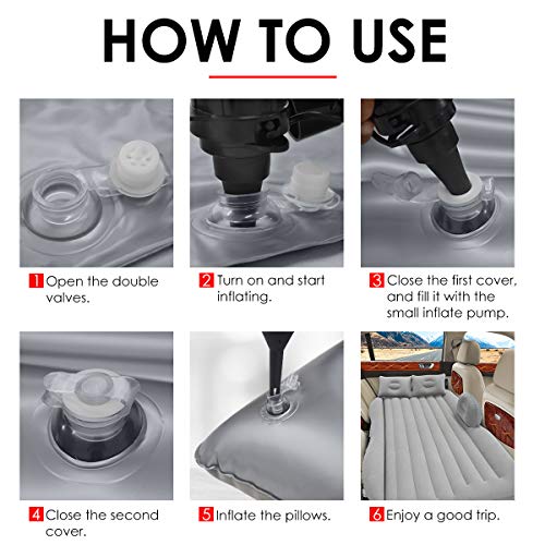 Inflatable Car Air Mattress, Removable Gray Backseat Air Bed with Air-Pump, Portable Car Travel Bed with Two Pillows Fits Most Car Models for Camping Travel, Hiking, Trip and Other Outdoor Activities