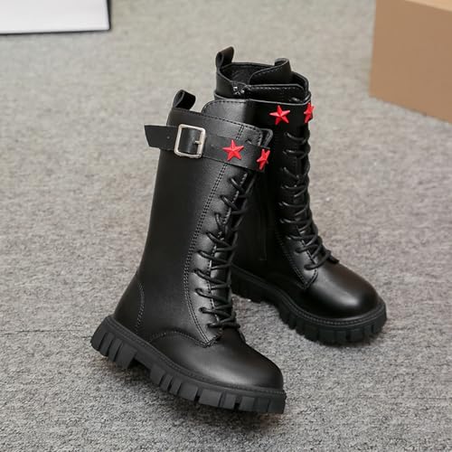 Boots for Girls Lace Up Side Zipper Cowboy Boot Punk Goth Platform Booties PU Leather Combat Boot White Boots for Girls 4-14T3