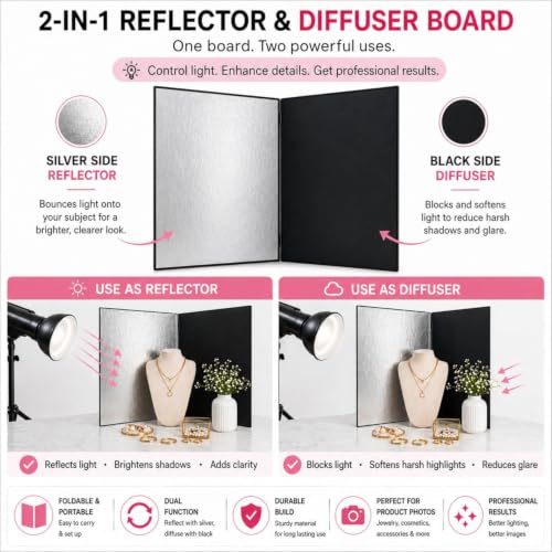 Image of SMILEDRIVE Backdrop with Stand Kit | Professional Tabletop Photography Set | 8 Styles (4 double-sided Water Resistant Paper sheets) | Silver Reflector & Black Diffuser Included