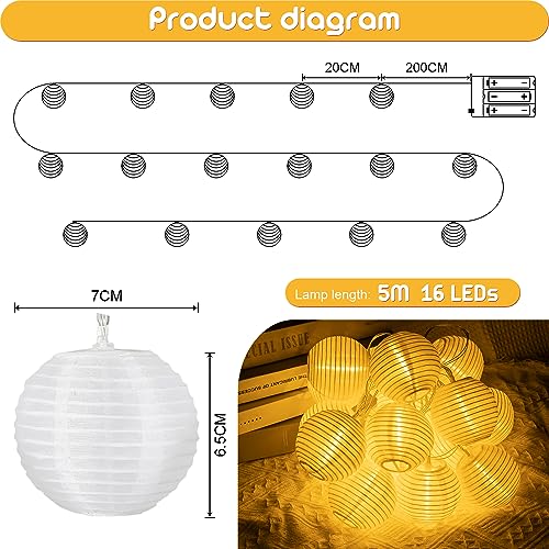 A.bigwhale Lampion Lichterkette Batterie, Warmweiß 16 LED Lanterne Lichterketten Außen… – Ansicht 3