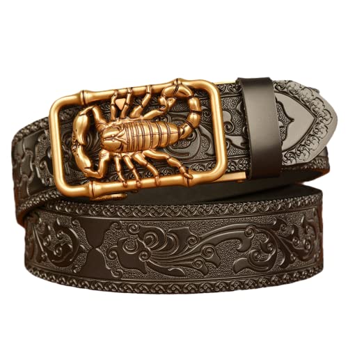 Cinturón de cuero de vaca RBUDSPOLF de 125cm con hebilla automática de escorpión 3D dorada 2
