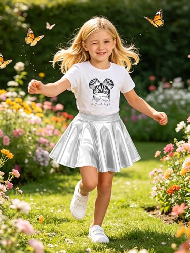 Image of Betusline Girls 2 Piece Outfits Short Sleeve Crop Top and Metallic Skater Skirt Set for Kids Dance Party Tennis, 4-14Y