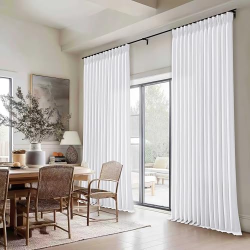 Image of Extra Wide Snow White Pinch Pleated Semi Sheer Linen Curtains 70x84 Drape