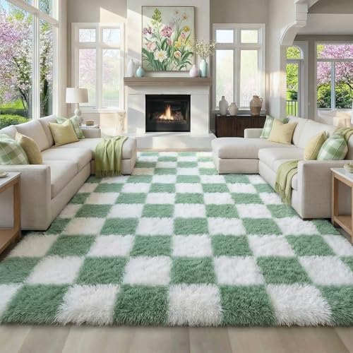 KICMOR Living Room Rugs 5x8 Sage Green and White, Large Fluffy Furry Shaggy Fuzzy Checkered Area Rug Bedroom Big Carpet, Shag Plush Soft Nursery Rug Cozy Room Decor for Teen Toddler Kids Baby Boys