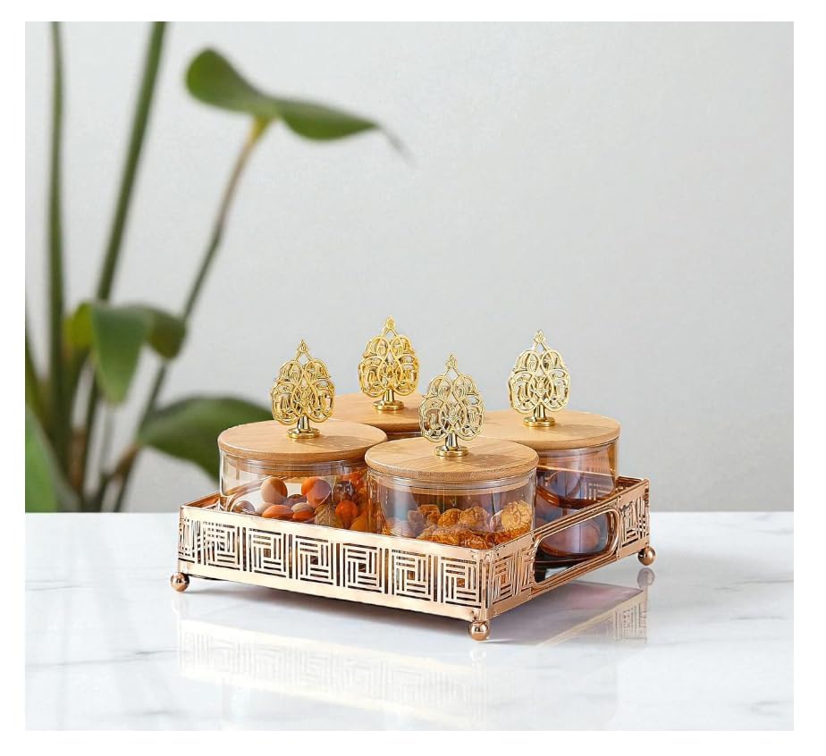 Image of Diwali 4 pcs Glass Dry Fruit Serving Tray Set | 600 ML Each, Premium Design, Air-Tight Lid, Metal Stand, Wooden Lid